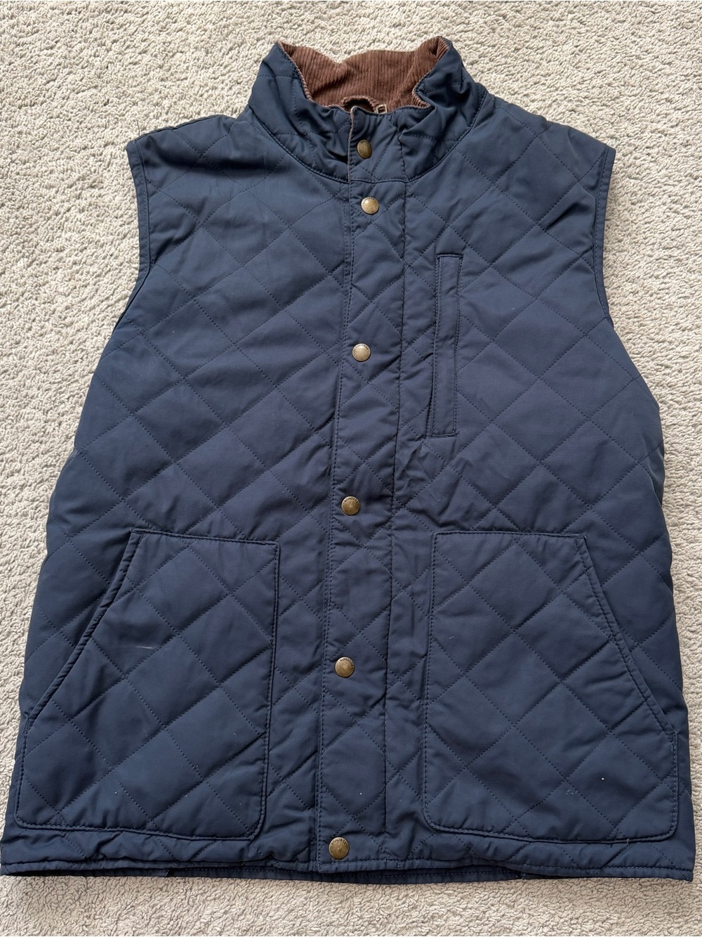 Bonobos Men’s Medium Navy Blue Diamond Quilted Vest Corduroy Collar Zip & Snap